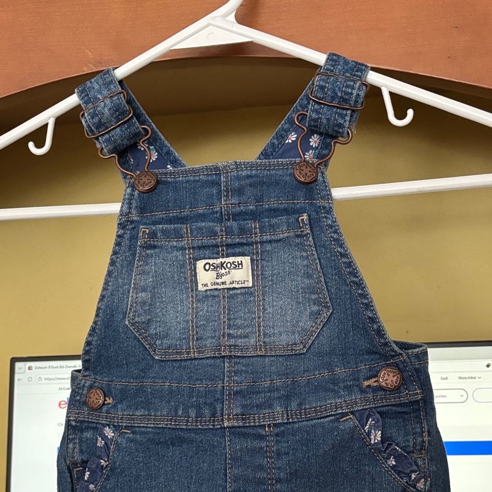 OshKosh B'gosh Blue Denim Overalls with Floral Details Size 12 Months